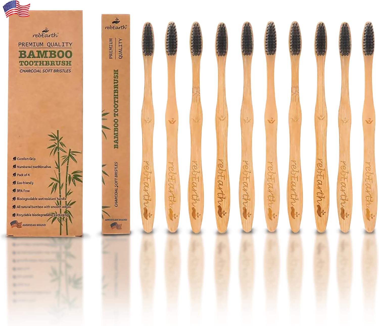 Bamboo Aesthetic Toothbrush Wood Set of 10 | Ultra Soft Bristles | Black Charcoal Infused | American Brand | Upgrade Hygiene & Reduce Waste | Brushes Teeth Care | Earth Friendly | Plant Based