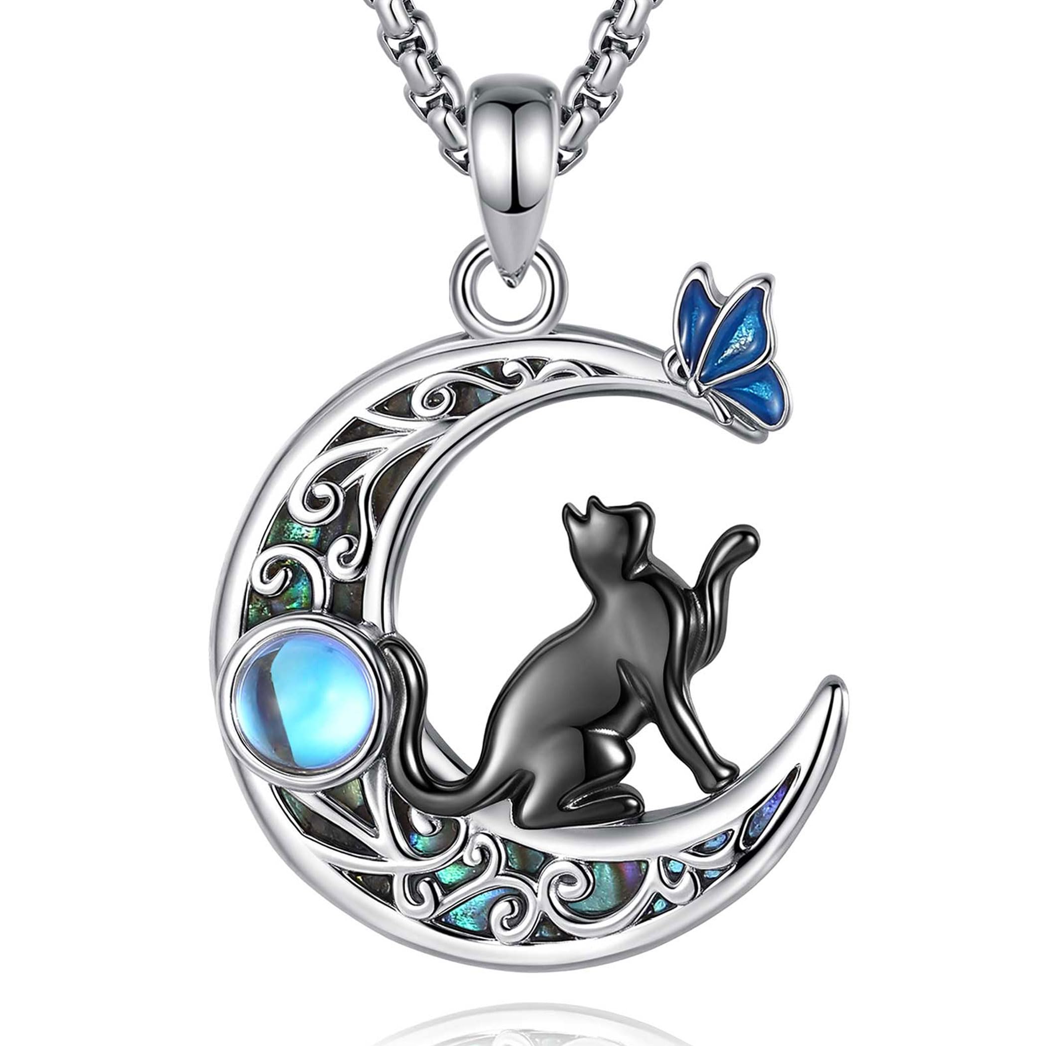 AEONSLOVE Collar Gato y Luna para Mujer Niña Colgante Piedra de Luna Plata de Ley 925, Collares Sol y Luna Joyas de Gato Negro Bruja Regalo para los Amantes de los Gatos
