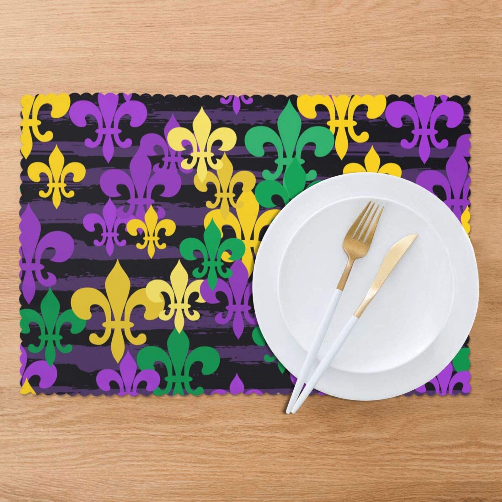 Oarencol Juego De 6 Manteles Individuales De Mardi Gras, Flor De Lis, Coloridos, Resistentes Al Calor, Lavables, Limpios, Para Decoración De Mesa De Comedor