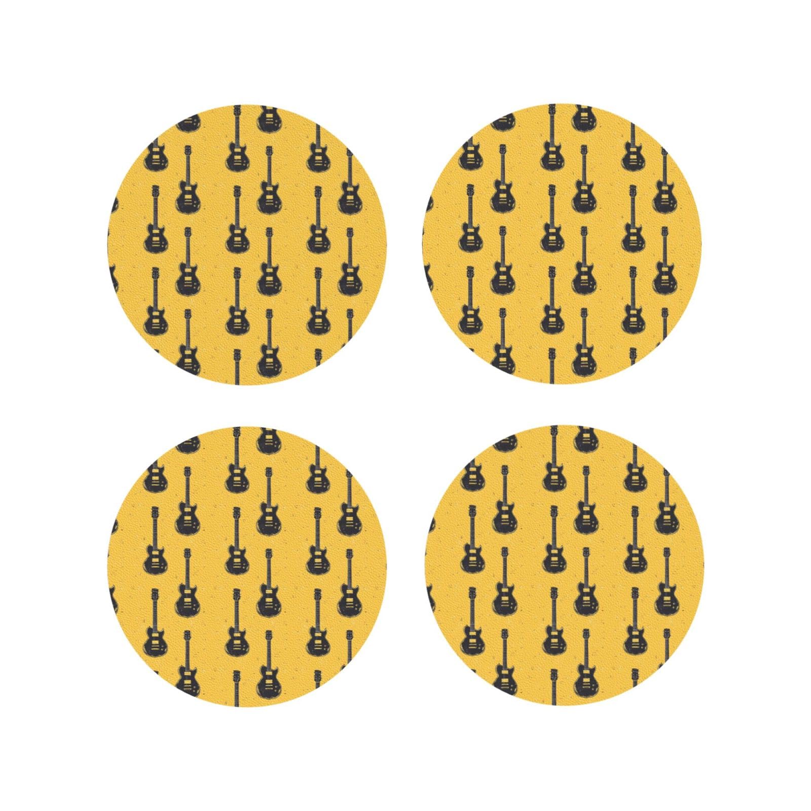 Smazdfxx Women's As Pic Leather Coasters Set Of 4 - Black Guitar Yellow Print Lightweight Drink Coasters For Desk