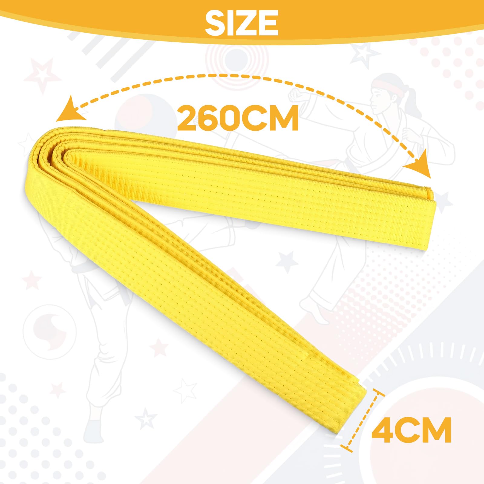 260 * 4CM Ceinture de Taekwondo Professionnel Karaté Judo Double Wrap Arts Martiaux Stripe Ceinture de Sport pour Adultes Enfants Enfants Jaune