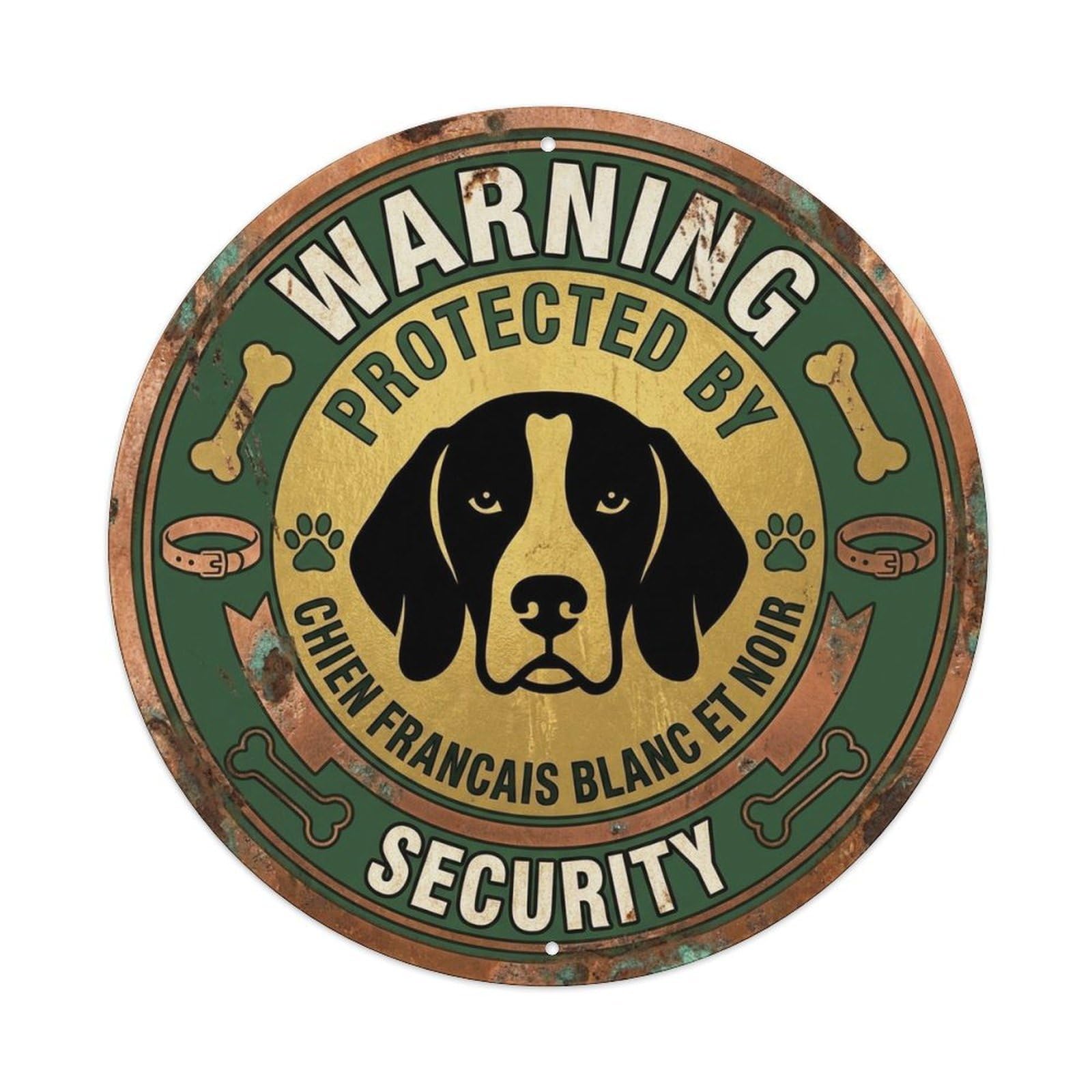 French Black White Hound Security Warning Badge Metal Tin Sign