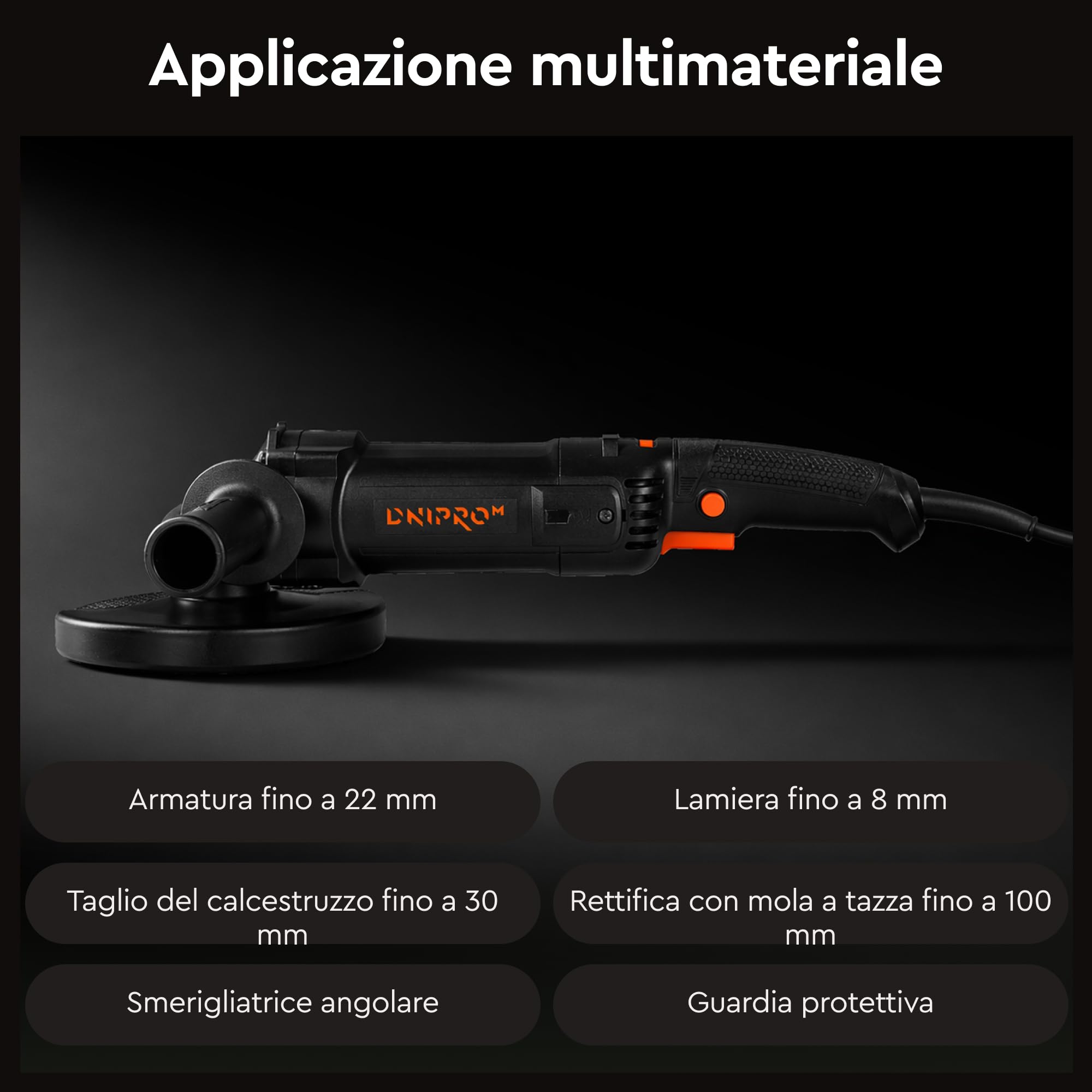 Smerigliatrice Angolare GL-160SE 1100W 125mm - Flessibile da Taglio, 5500-10500 giri/min con Velocità Regolabile, Constant Power, Avvio Graduale e Attacco M14 per Metallo, Cemento e Pietra di Dnipro-M