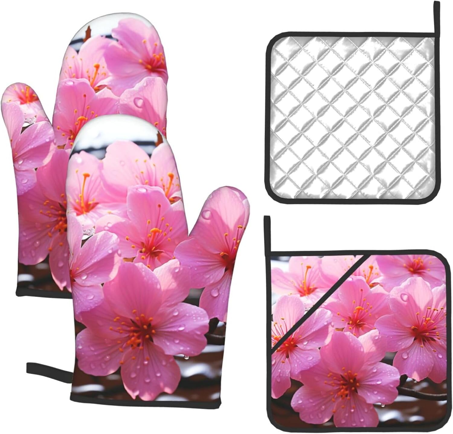 4 pcs Oven Mitts and Pot Holders Set Retro Sunflower Oven Mitt Heat Resistant Oven Gloves for Cooking Non-Slip Hot Pads Washable Cooking Gloves for Baking BBQ Microwave