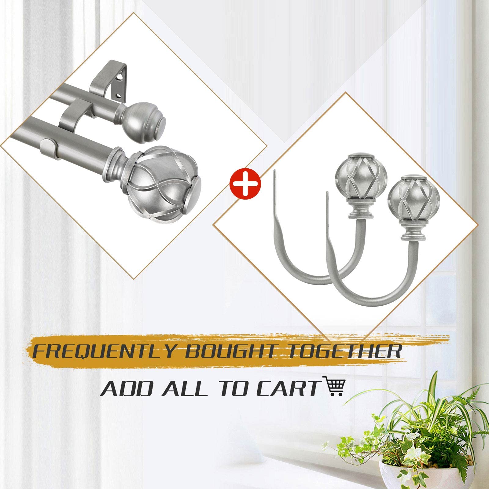 KAMANINA 1 Inch Double Curtain Rods 72 to 144 Inches (6-12 Feet) Window Telescoping Drapery Rod, Netted Texture Finials, Antique Silver