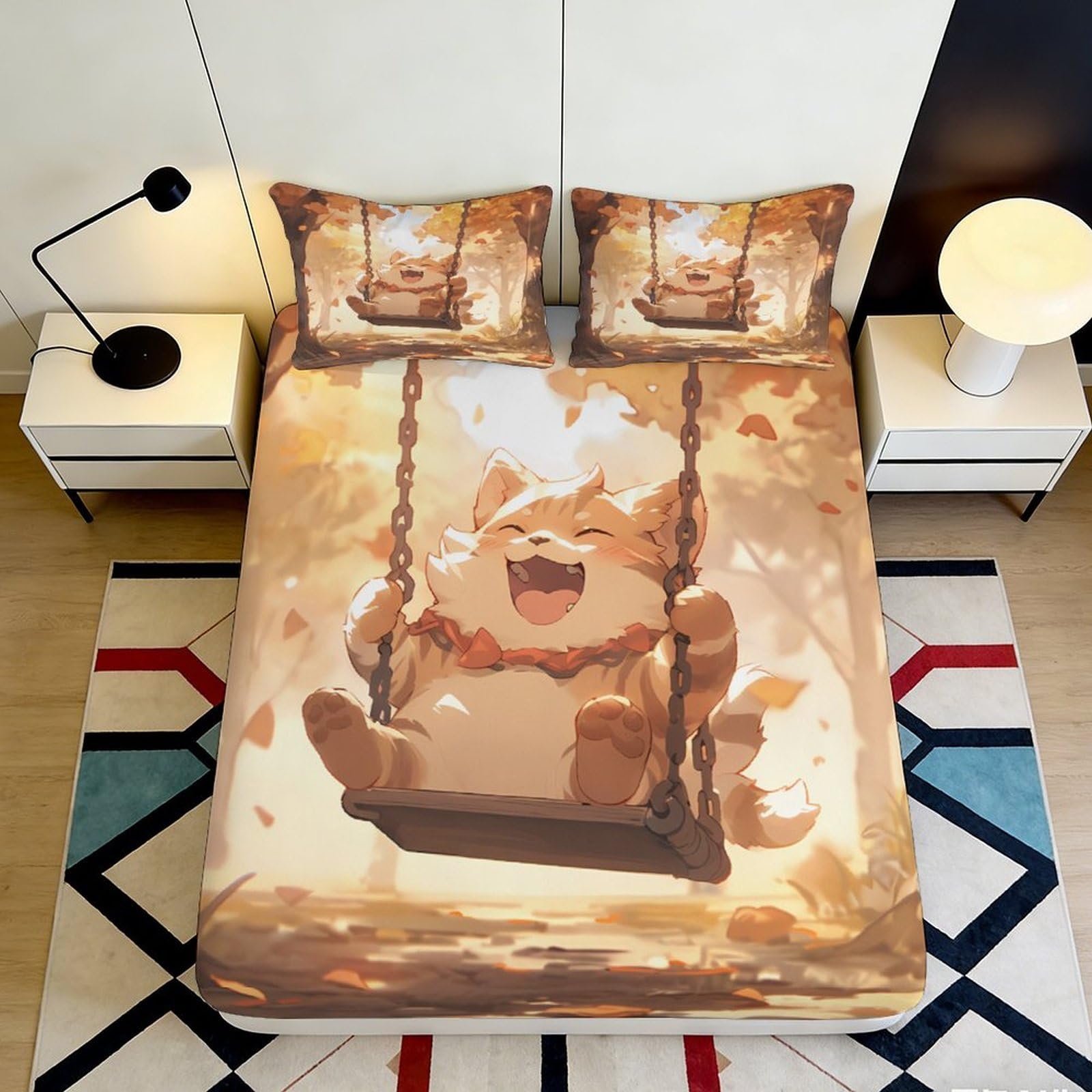 3D Printed Cute Cat on Swing Fitted Sheet Microfiber Autumn Leaves Bed Cover Anti-Slip Easy Care for Bedroom Dorm 90x200x25cm