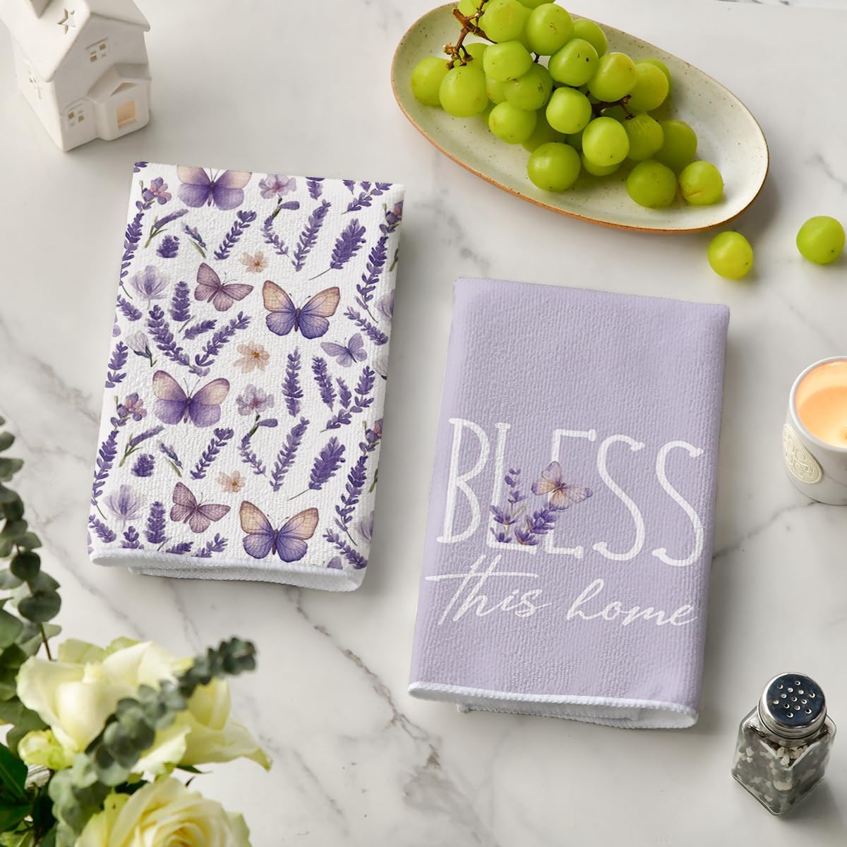 Artoid Mode Butterfly Lavender Sweet Home Spring Kitchen Towels Dish Towels, 18x26 Inch Farmhouse Summer Decoration Cleaning Set of 4