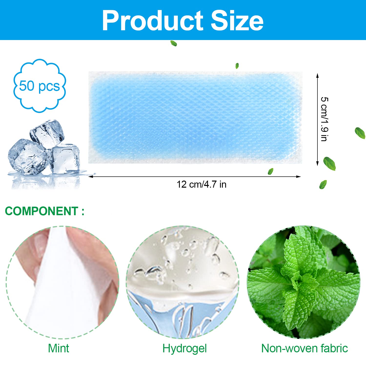 50 Pezzi Ghiaccio Gel, Cerotti Refrigeranti, Patch di Raffreddamento, Cefalea Rinfrescante Cerotto Freddo per Febbre, Sollievo Dalla Febbre, Alleviare la Stanchezza