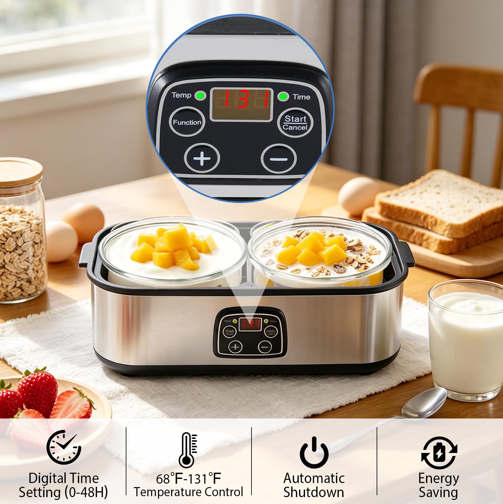 Yogurtera de 2 litros, máquina de yogur con 2 recipientes de cristal | 1000 ml, temperatura ajustable 20 – 55 °C, temporizador 48 H, máquina automática para yogur, productos lácteos, queso