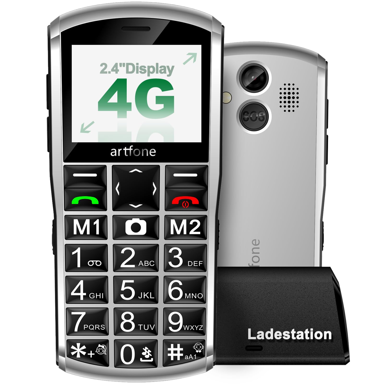artfone 4G Volte - Teléfono móvil para personas mayores, sin contrato, teclas grandes, con botón de emergencia y batería de 1800 mAh, doble SIM con estación de carga de mesa, teléfono móvil sencillo