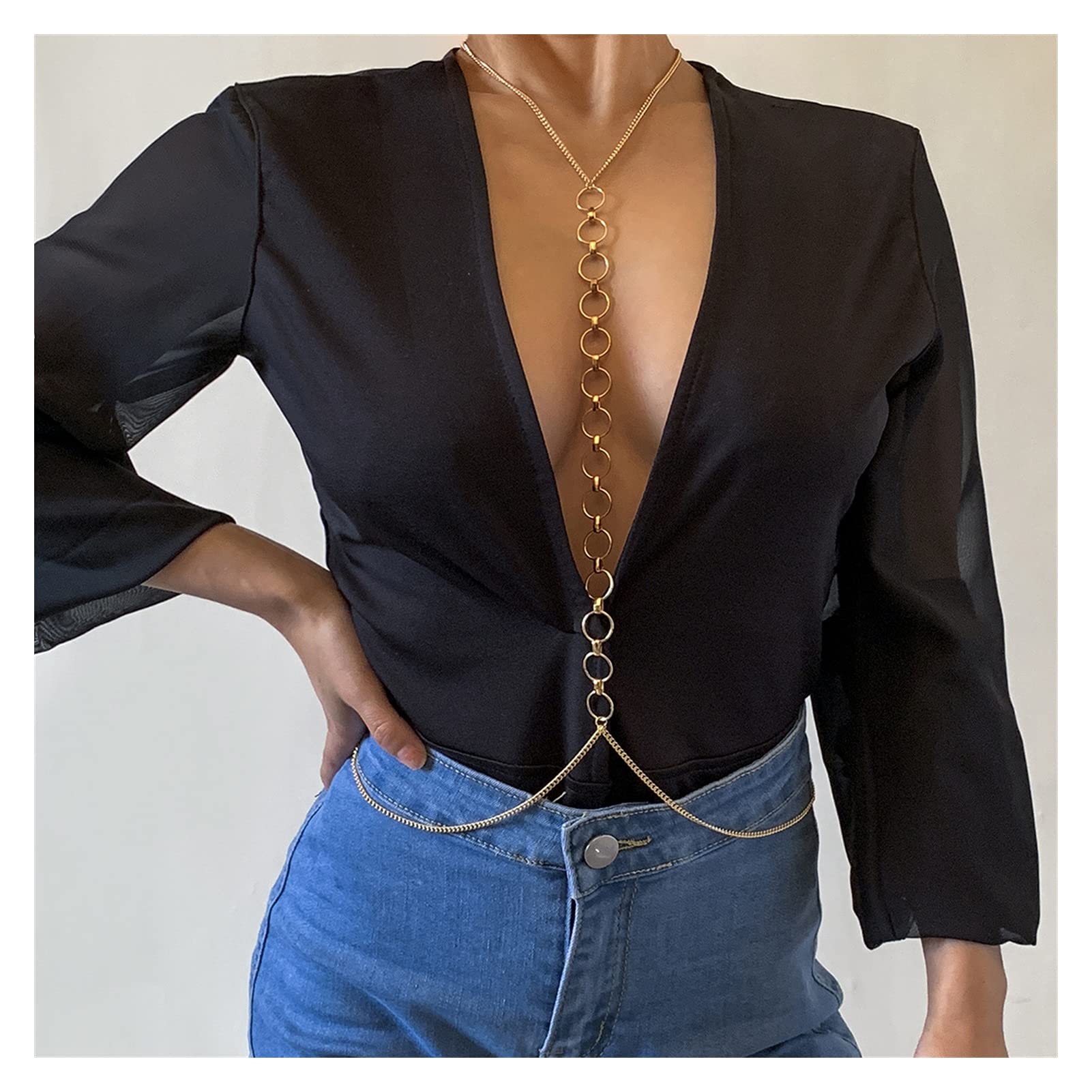 Body Chain Damen Kette - Goldfarbene einfache Strandkette mit Kreuzband für Taille und Bauch - Schwarze Harnaskette - Edler Schmuck für Damen - Accessoires