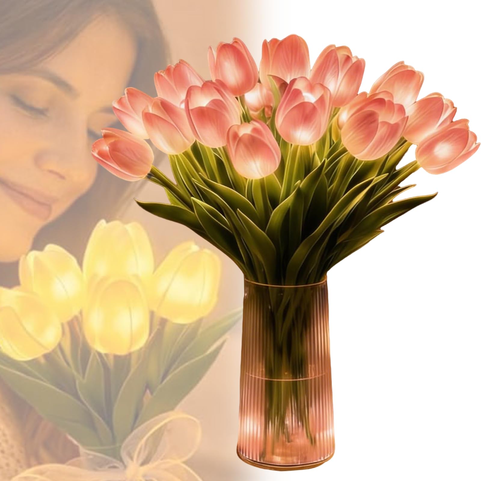 10/15/20 PCS Radiant Romantic Tulip Light with Vase, Never Fade Twinkling Tulips Tree, LED Artificial Flowers Ambient Night Lamp, Gentle Lighting for Bedroom Bedside Decor and Gift (Pink*10PCS)