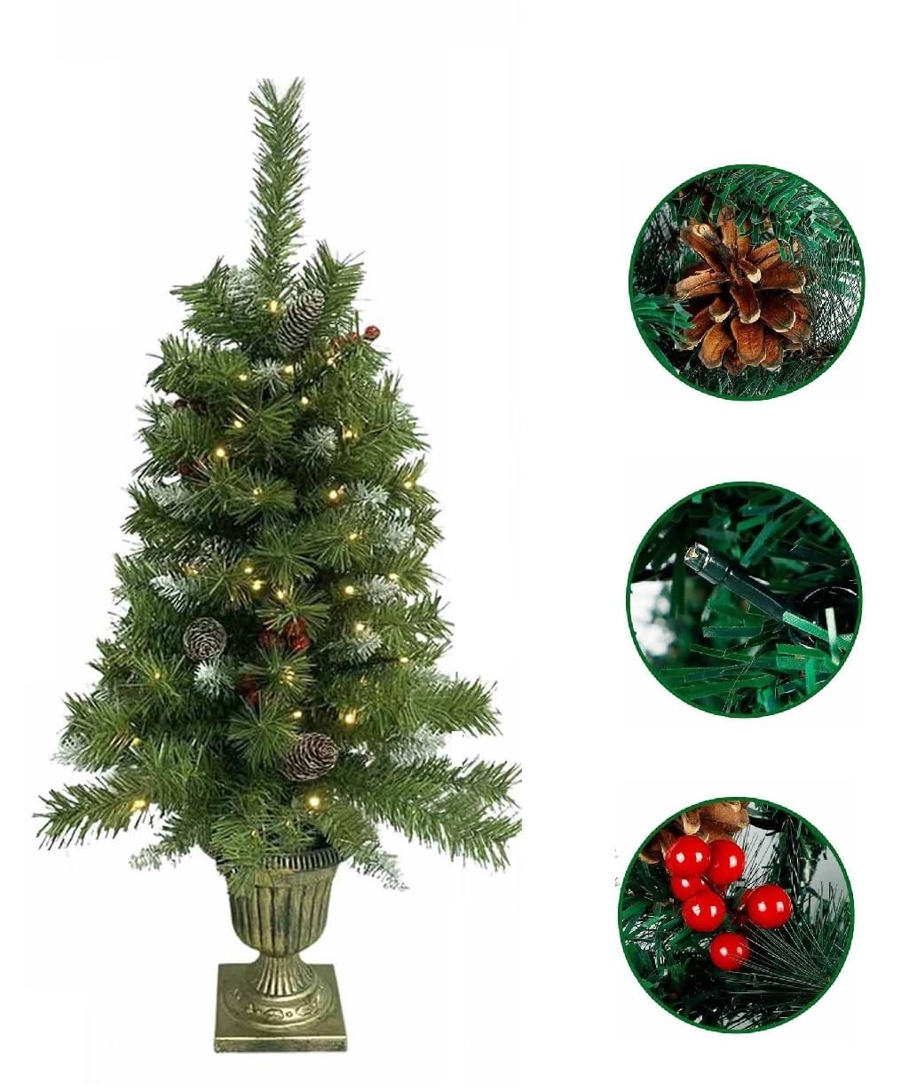Homion Green Pre-Lit Christmas Tree Artificial Xmas Tree With Warm White Light & Retro Base X-Mas Traditional Decoration For Home Doorway Pathway Barry Tree 8 Light Settings Prelit Tree Indoor (120Cm (4 Feet))