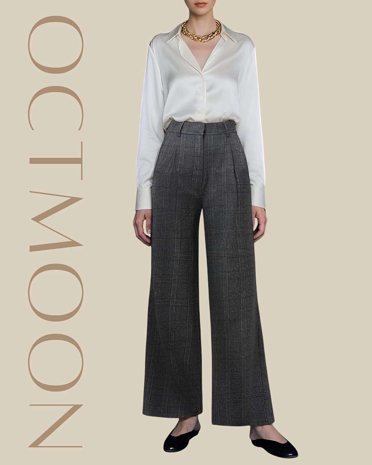 OctMoon Women's High Waisted Wide Leg Palazzo Pants – Extra Long Flowy Trousers for Tall Women with Classic Plaid Pattern