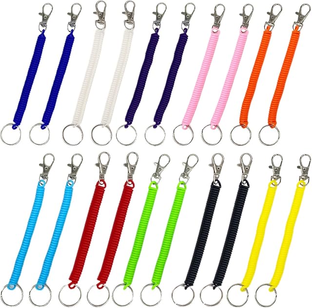 TSHAOUN 20 Pcs Stretchy Spiral Keyring, Retractable Keychain Coil Springs Keychain Plastic Key Holder Colourful Key Chain for Work, School, Keys, Wallet, Cellphone, ID Card, Backpack