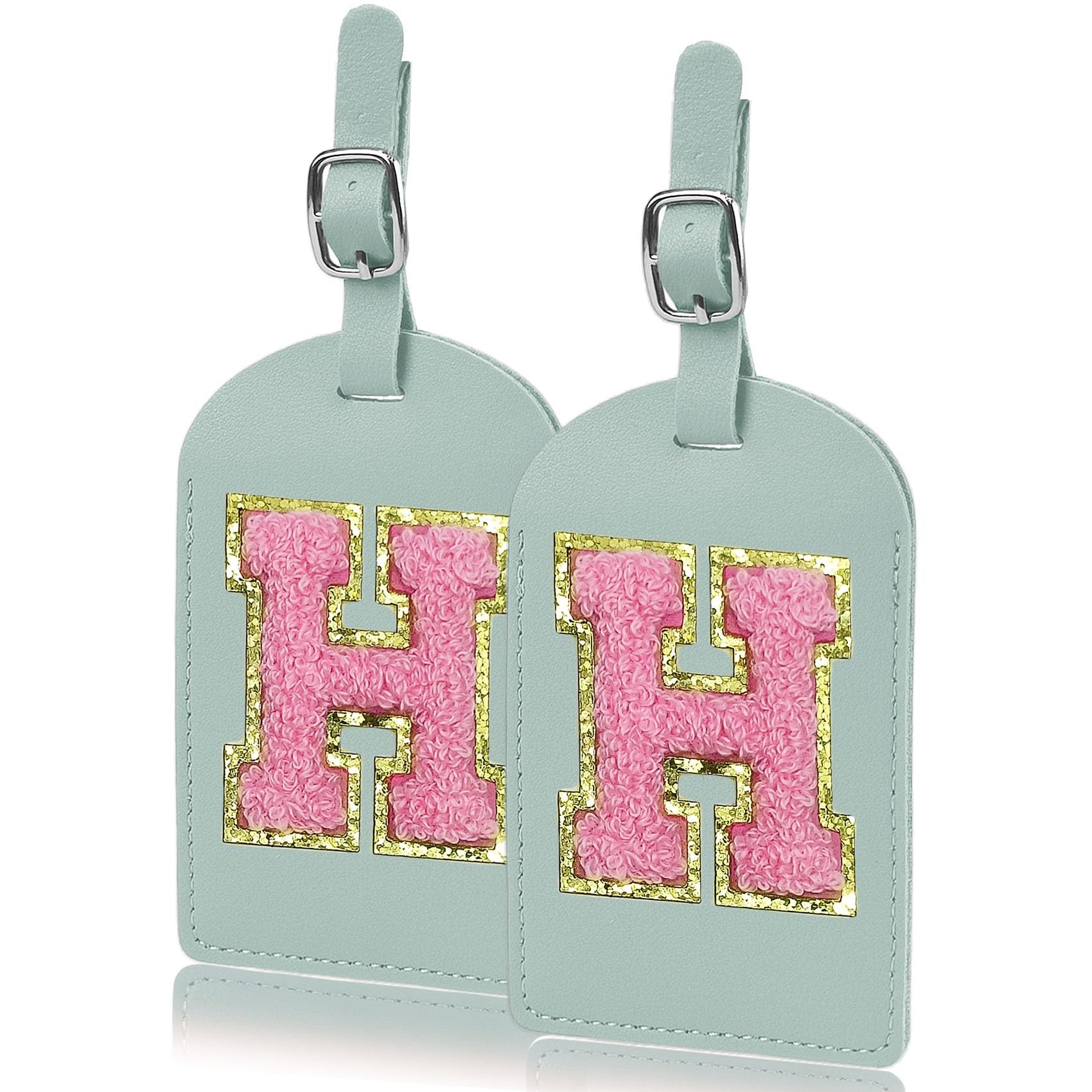COSHAYSOO2 Pcs Personalized Luggage Tags Set for Women Teen Girl Suitcases with Initial Chenille Letter Patch Travel Tag Identifier Traveling Stuff, TSA Approved Preppy Kawaii Gifts Green (H)