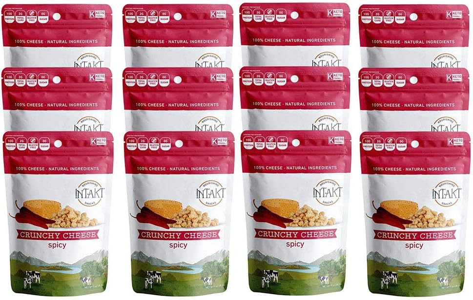 INTAKT Crunchy Cheese Crisps Keto Snacks - 12 Pack - Spicy - 100% Natural Cheese, High Protein Bites, Low Carb Snack Bites, Gluten Free Snack Packs, Grain Free, Soy & Nut Free, Non GMO