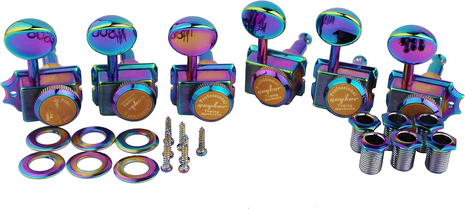 Guyker 6-in-line Vintage Guitar Lock String Tuners – Locking Tuning Key Pegs Machine Heads Replacement Parts for ST TL Style Electric Guitars Gear Ratio 1:15 – Chameleon Rainbow