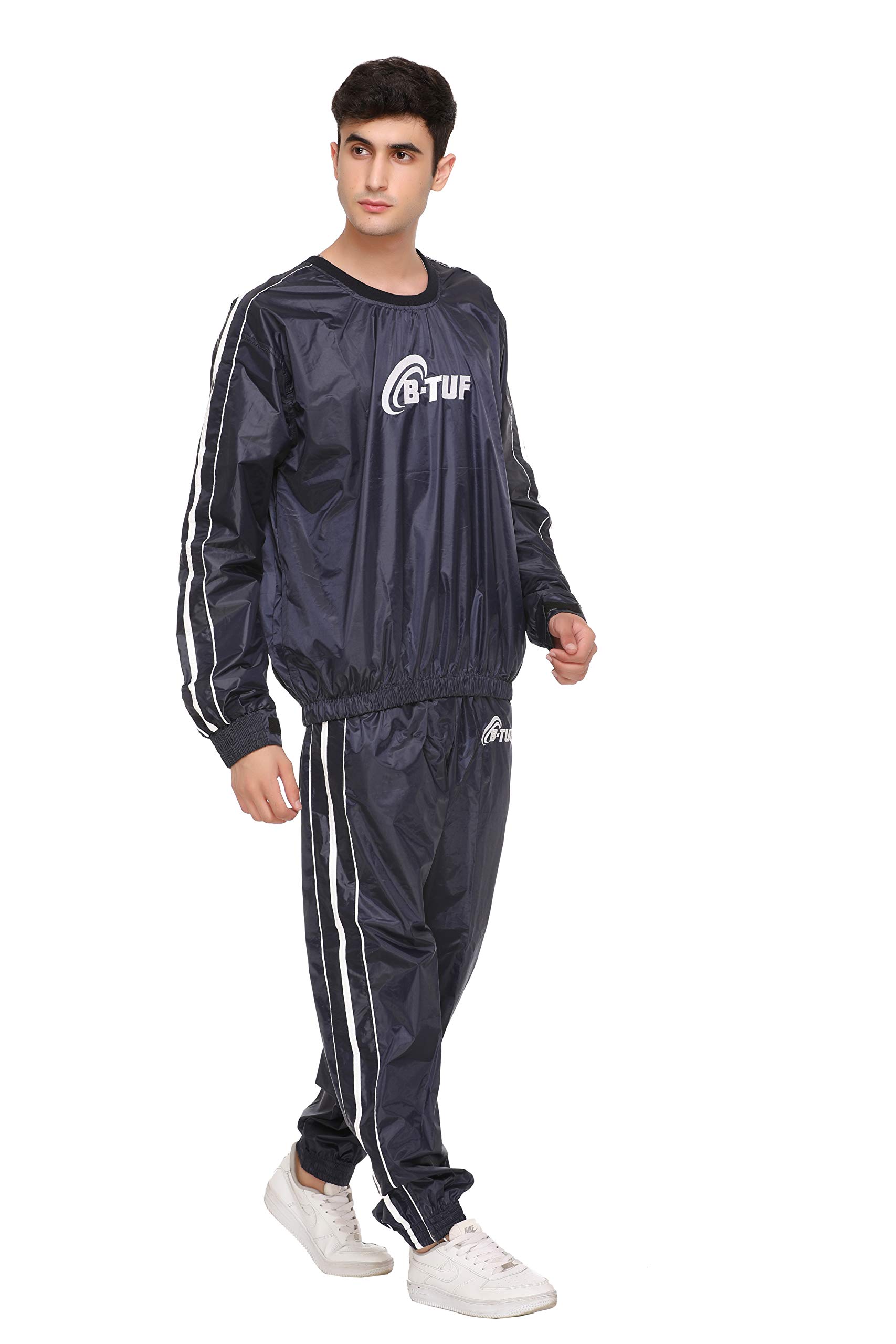 B-TUF Men Sauna Suit Weight Loss Jacket Pant Sports Gym Workout Fitness Slim Sweat Suits BT-135M (Navy Blue, L)-image-20
