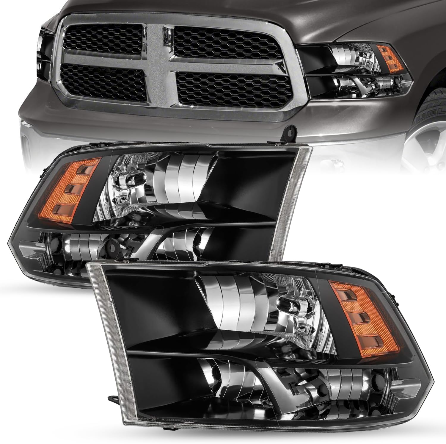 SOCKIR Quad Pickup Headlight Assembly Compatible with 2009-2018 Dodge Ram 1500/2010-2018 Dodge Ram 2500 3500 OE Replacement Halogen Headlamp Driver and Passenger Side Black Housing