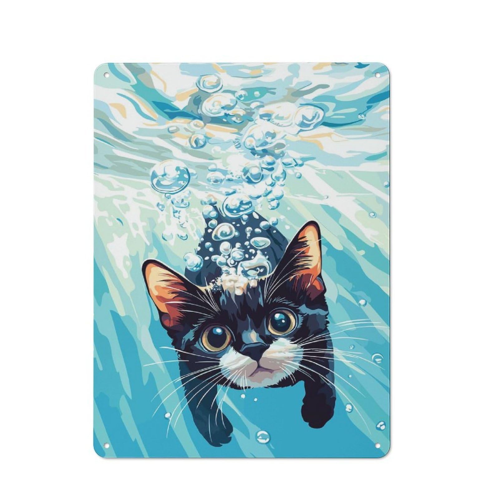 Junmoney Style-8 Cat Underwater With Bubbles Illustration Tin Sign 40X30cm For Workshop Wall, Vintage Wall Decor, For Metal Sign Collectors, For Garage And Workshop Walls
