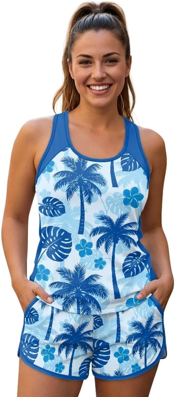 Tankini Swimsuits for Women Tummy Control Two Piece Modest Bathing Suit Swim Tank Top with Pockets Shorts Swimwear