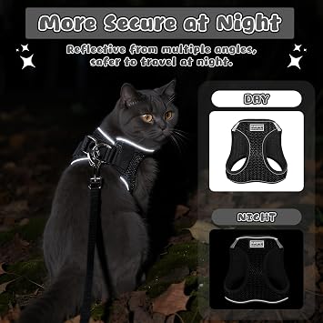 3Pcs Cat Harness and Lead Set, Adjustable Reflective Soft Breathable Mesh Vest, Collar with Bell Escape Proof, Comfortable Lightweight for Small Medium Cats Dogs Pets Walking