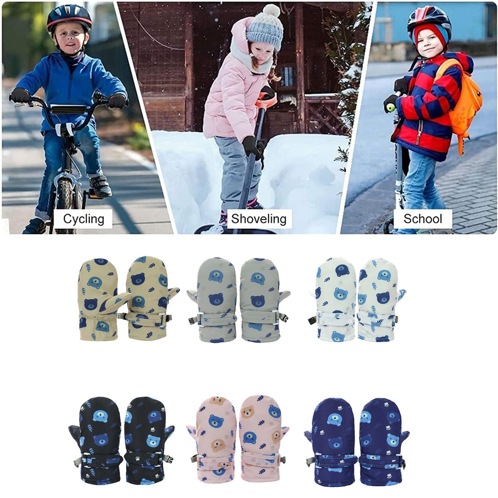 jiahesuw Children Winter Warm Snow Gloves Kids Ski Gloves Splashproof Mittens Printed Cartoon Bear Gloves Thicken Thermal Mitts