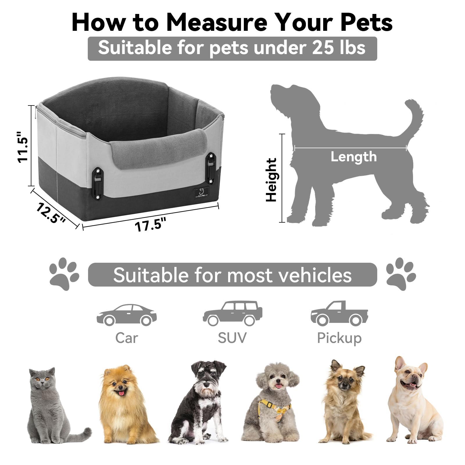 A 4 Pet Hundeautositz Hundesitz kleine Hunde mit Gurtbefestigung, Autositz Hundesitz Rückbank Beifahrersitz für kleine Hunde Sitzerhöhung, faltbar & Waschbar