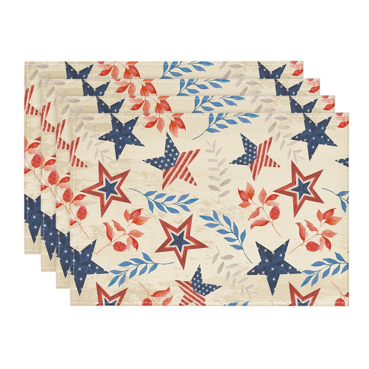 Artoid Mode Old Style Leaves Stars Patriotic 4th of July Placemats Set of 4, 12x18 Inch Memorial Day Holiday Table Mats for Party Kitchen Dining