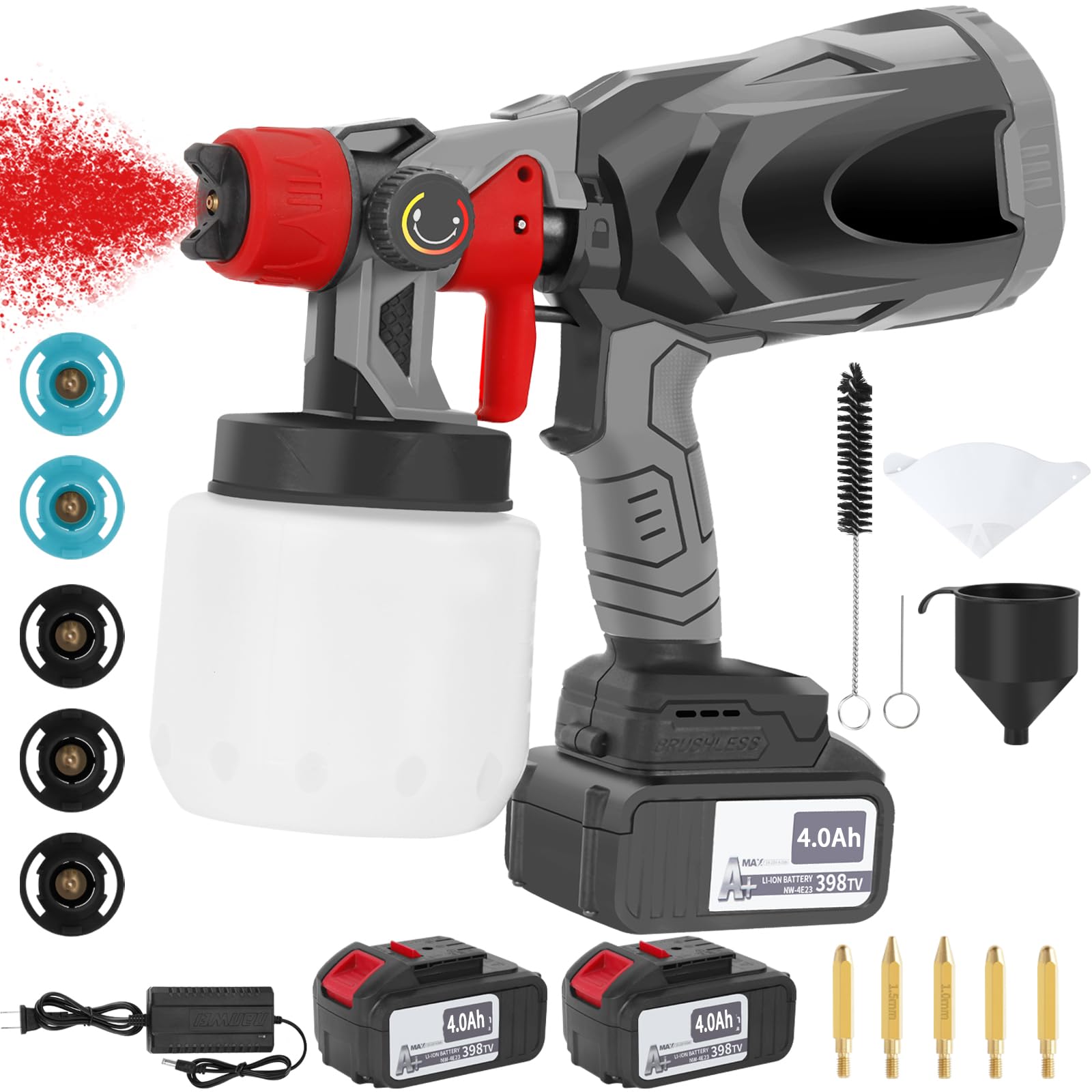 CANBRAKE Cordless Paint Sprayer Gun, 2 * 21V 4.0Ah Battery Operated HVLP Electric Paint Sprayer with 5 Copper Nozzles & 3 Patterns & 800ml Container, Airless Paint Sprayer for Home & Outdoors