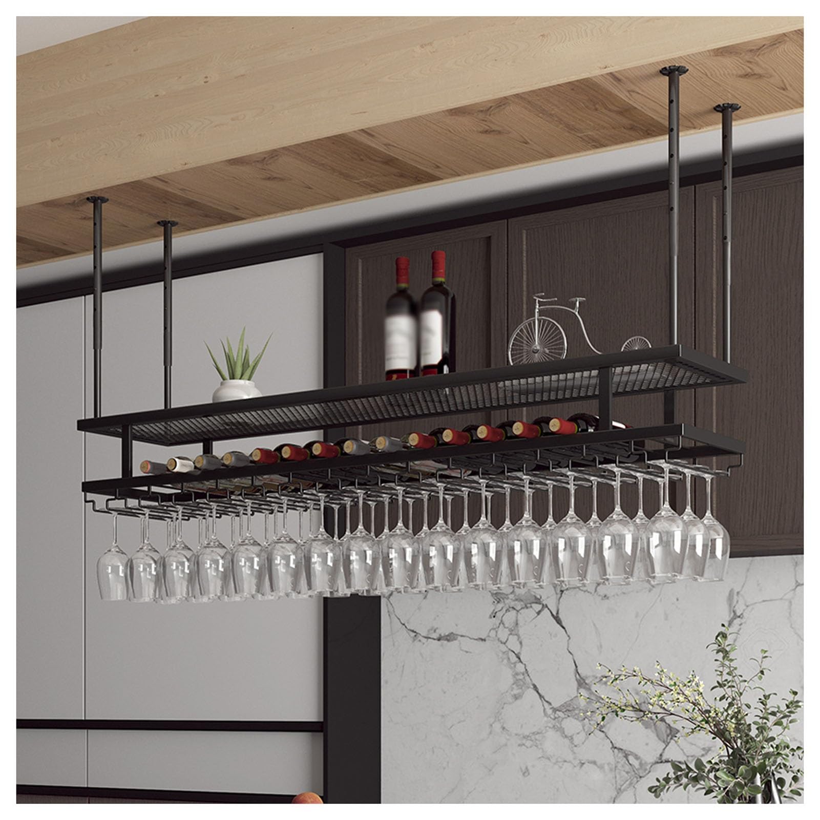 Support verres à vin suspendu au plafond noir 150 cm en métal durable