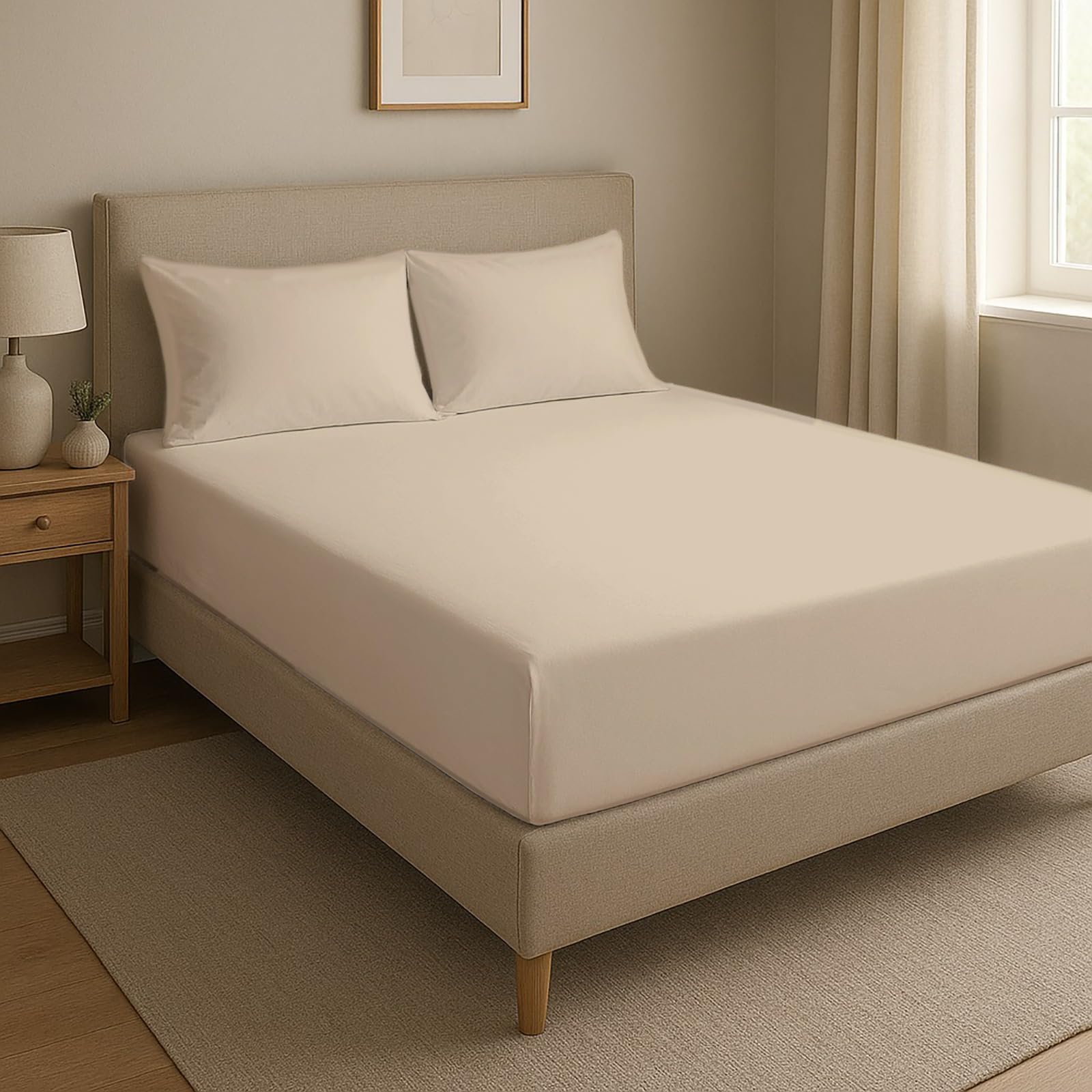Novexa 3Pcs 100% Egyptian Cotton Small Double Fitted Sheets & 2 Pillowcase Pair 400 Thread Count 40cm Deep Bed Sheet Wrinkle Resistant Hotel Quality Beige Fitted Bed Sheets