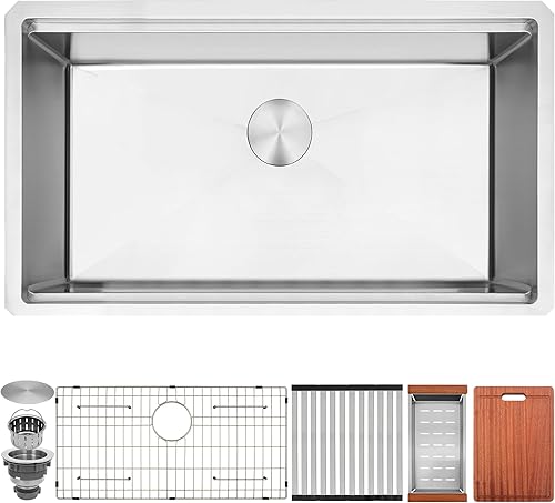 Miniatura 177 de Fregadero de cocina negro de 33 pulgadas, fregadero de acero inoxidable calibre 16, fregadero de estación de trabajo de un solo tazón con reborde