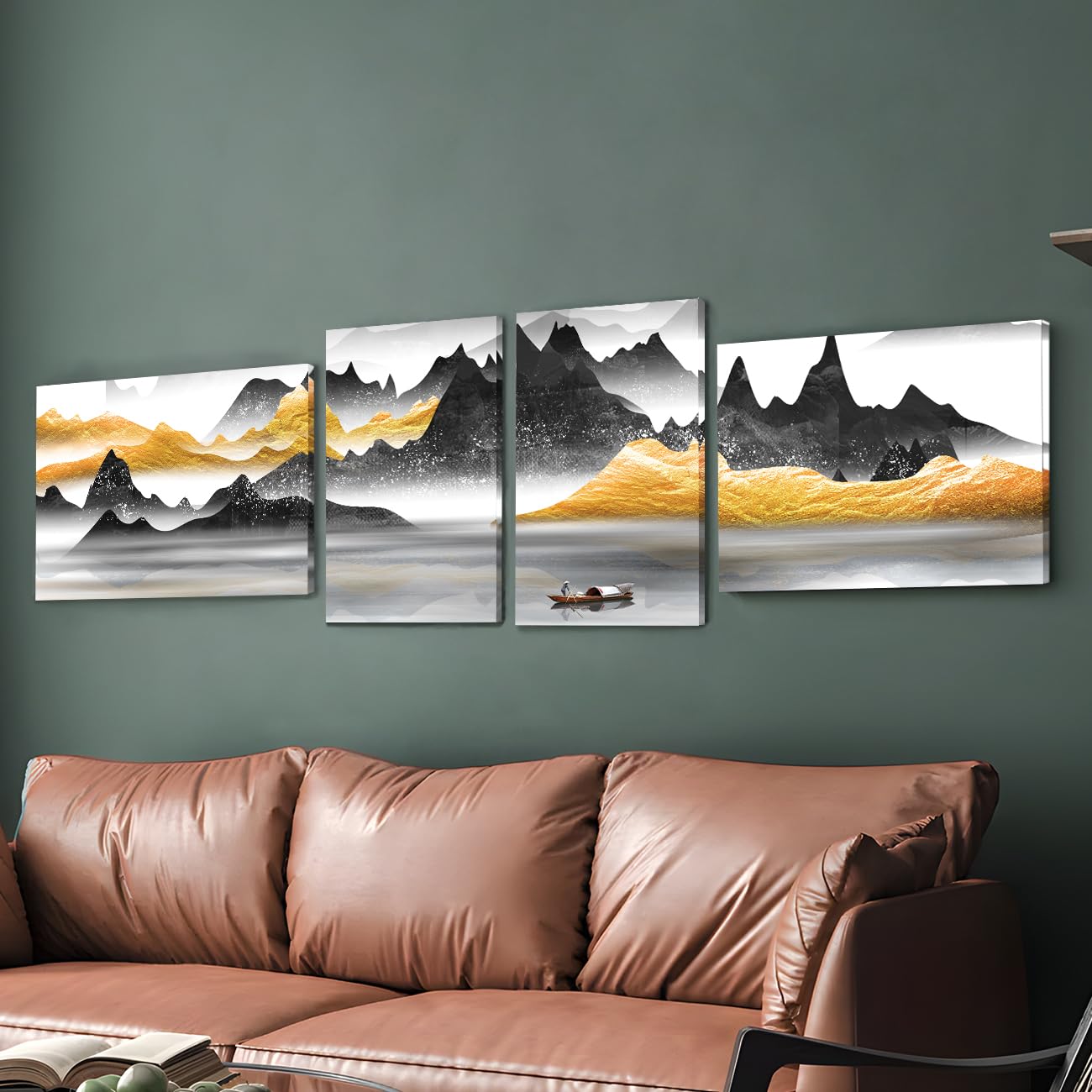 Painting Mantra Stretched On Frame Modern Canvas Wall Art Painting Abstract Beautiful Golden Black Mountain Landscape For Home,Bedroom, Office Decoration (Set Of 4, 2 Pcs 12x22 & 2 Pcs 16x22 Inch)