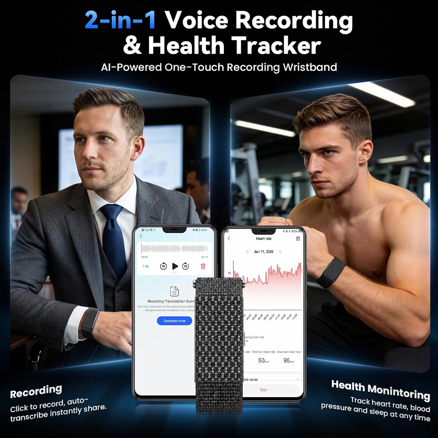 Voice Activated Recorder, Fitness Tracker with Transcribe & Summarize, Recording Device with AI Noise Reduction, Audio Recorder for Meetings, Lectures, Work, Interviews, 160+ Sport Modes
