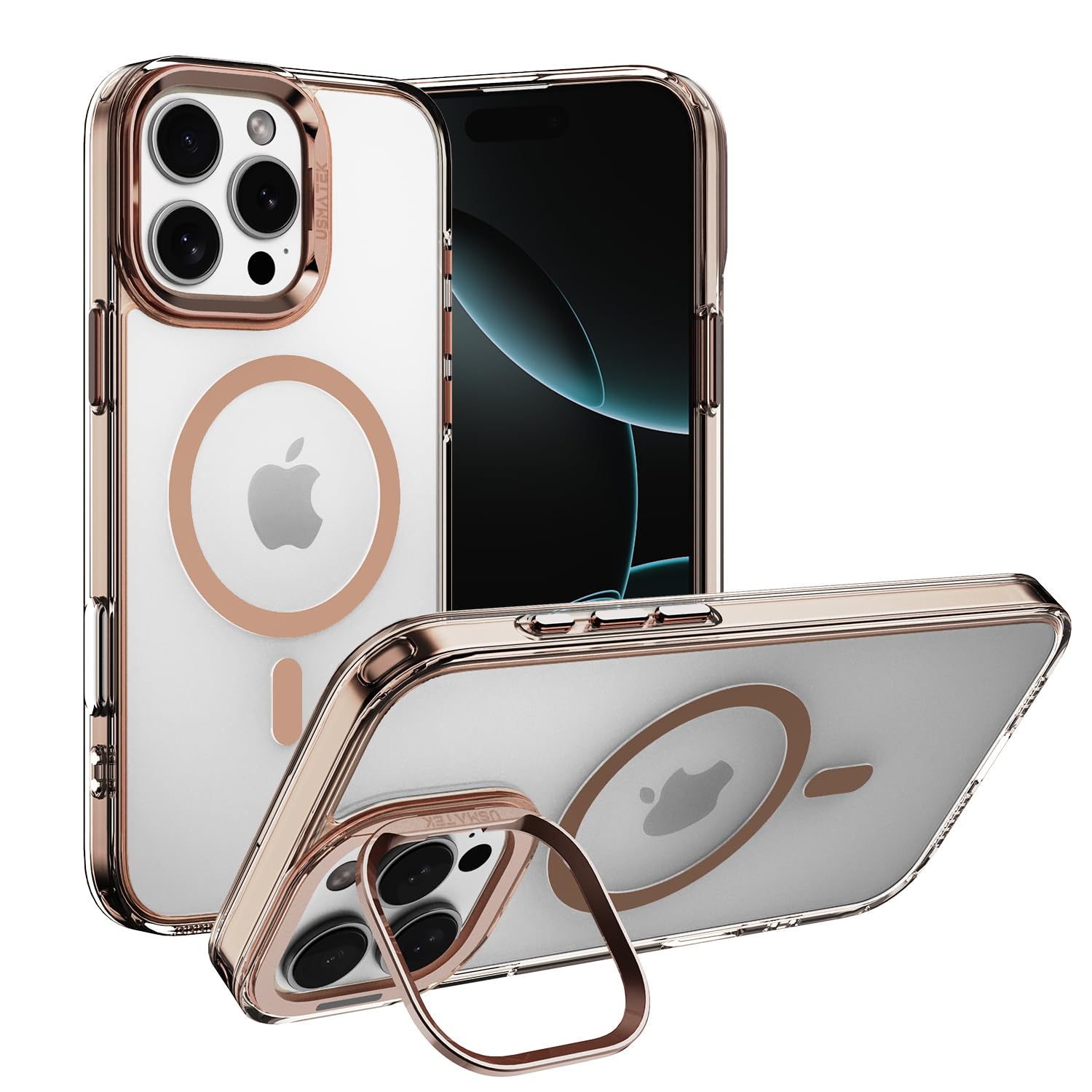 USMATEK for iPhone 16 Pro Max Case, with Stand, MagSafe Compatible, Military-Grade Drop Protection Adjustable Stash Stand (Clear Desert)