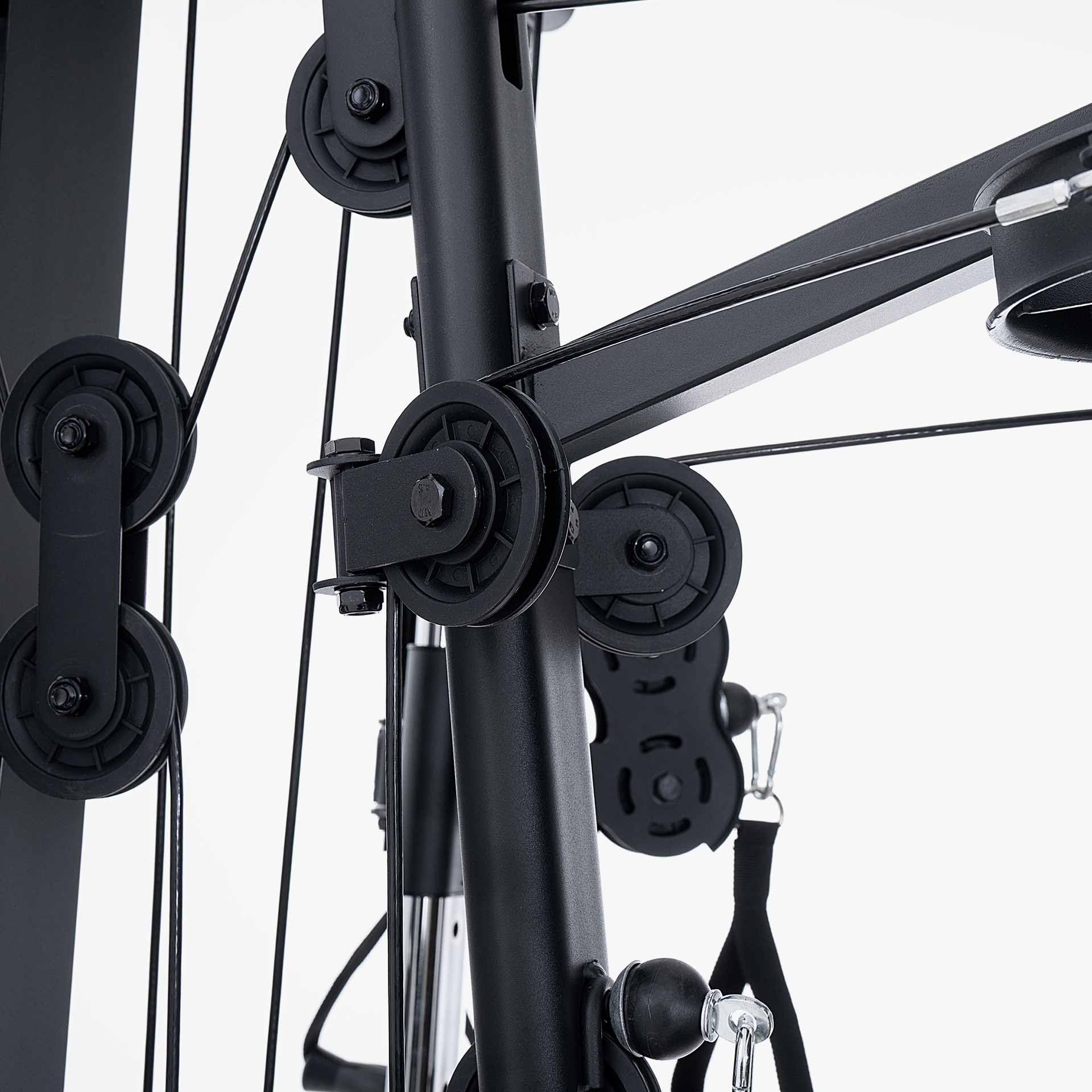 JK FITNESS [Stazione Multifunzione Con Double Pulley Laterale Pacco Pesi 80Kg] MultiGym Macchina A Cavi Home Gym Cavi Acciaio 5mm, Carrucole 9cm, Regolazioni Sedile 3 Schienale 5, JK6140 FullBlack Pro