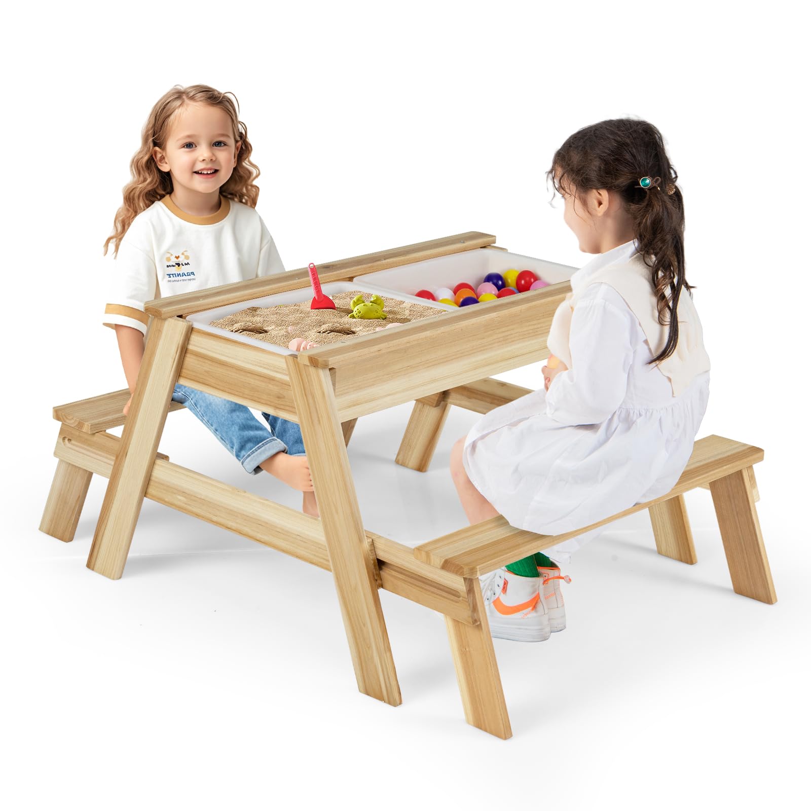 COSTWAY Arenero Infantil, Juego 4 en 1 con Mesa y Bancos de Madera con Tapa Extraíble y 2 Cajas de Almacenaje, Mesita de Actividades de Arena y Agua, Mobiliario de Exterior para Jardín, Patio