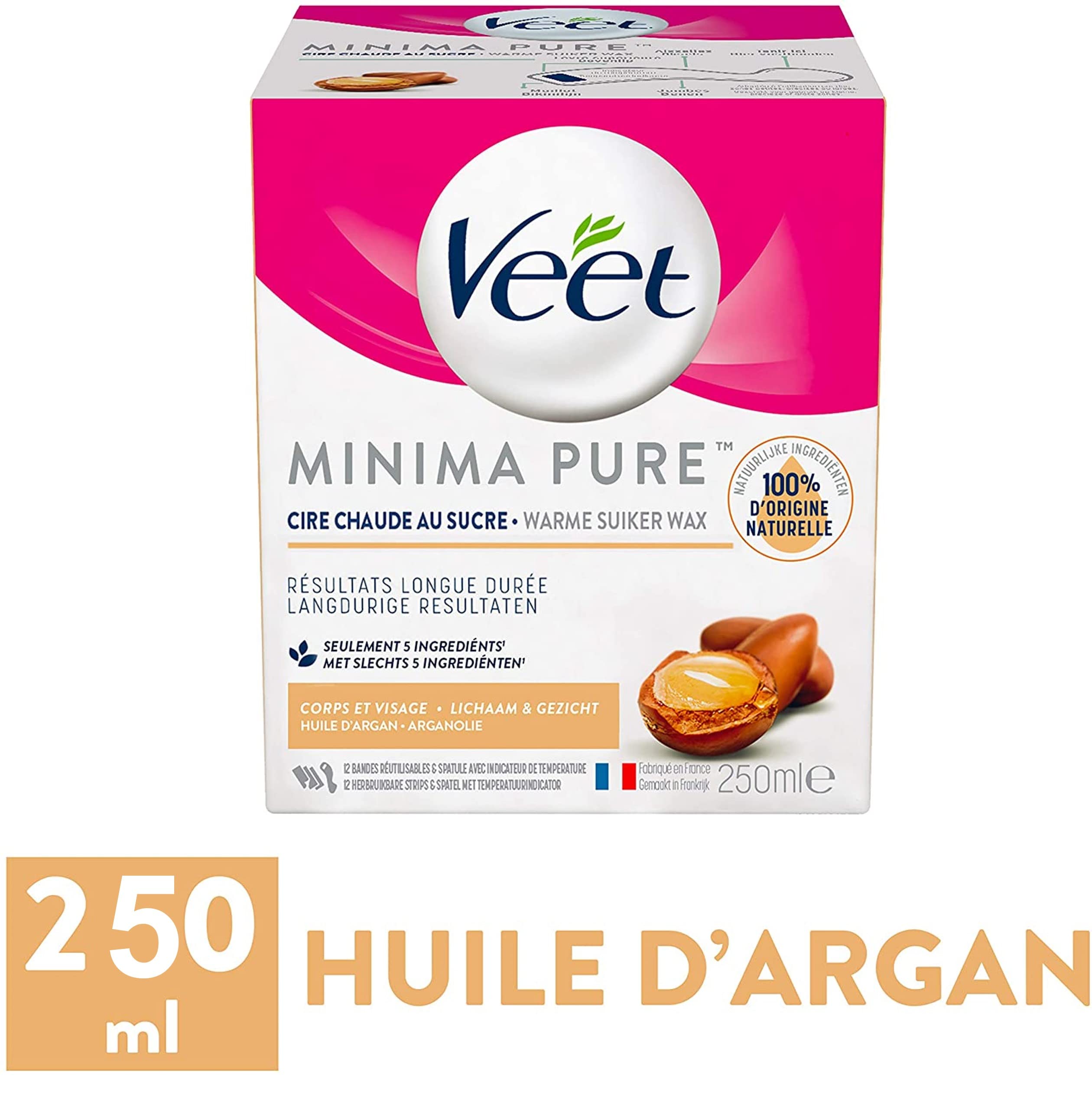 Veet Cera allo zucchero Minima - 100% di ingredienti di origine naturale per una morbidezza a lunga durata, olio di Argan (set di 2)