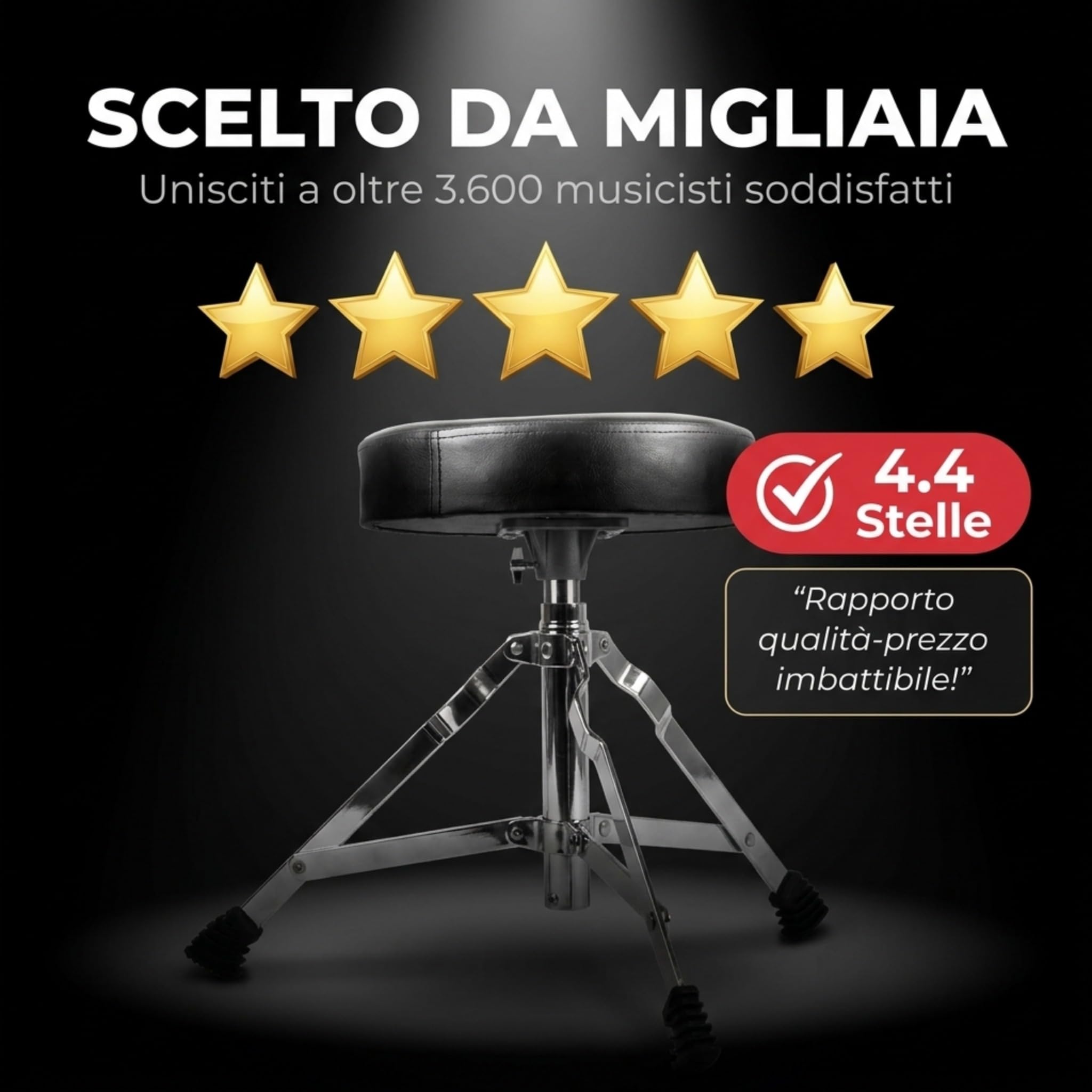 RockJam Sgabello Batteria Regolabile, Sedile Imbottito Girevole per Kit Acustici ed Elettronici, Altezza 45-55 cm, Pieghevole, Nero