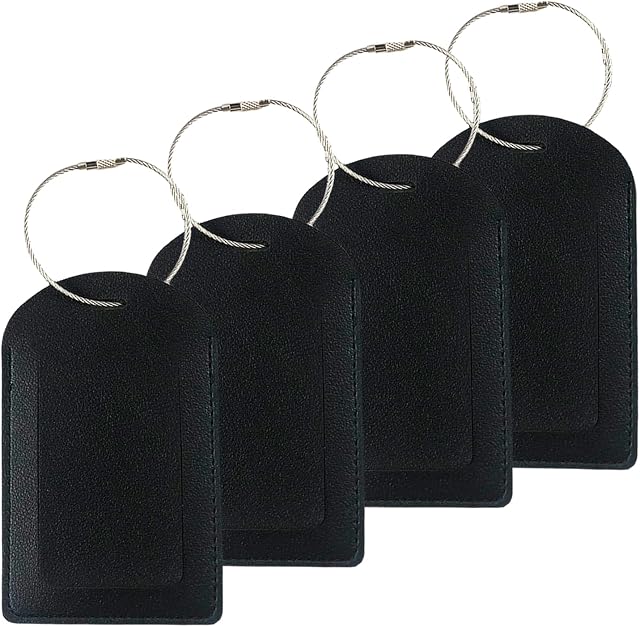 4 Pack Luggage Tag, PU Leather Suitcase Tags, Travel Tags for Luggage | with Name ID Card, Privacy Protection Luggage Tags, Lightweight & Water-Repellent, Sturdy Stainless Steel Loop