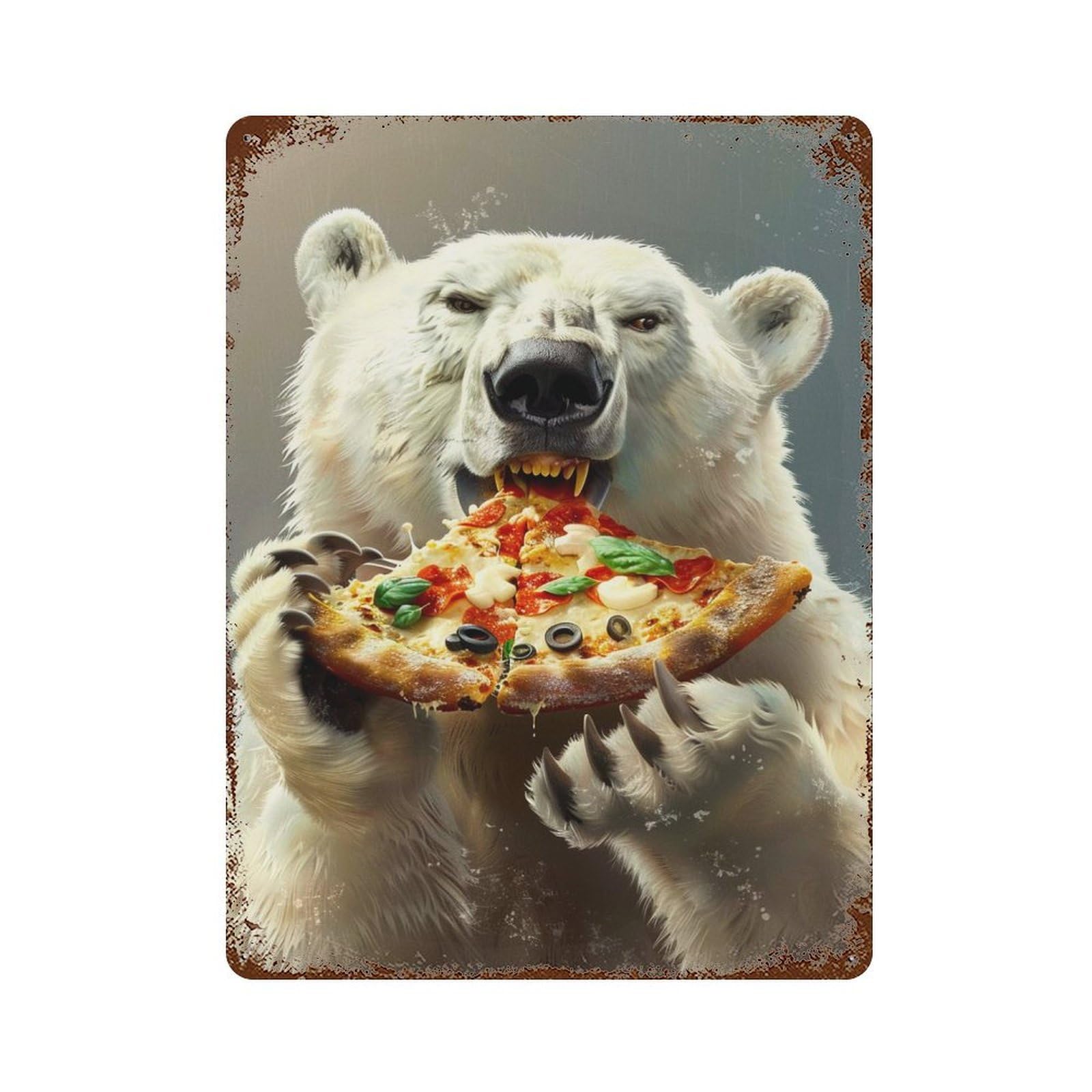 Polar Bear Pizza 15.7"x11.8" Rustic Tin Plaque, Industrial Home Decor for Farmhouse, Kitchen And Entryway Decor