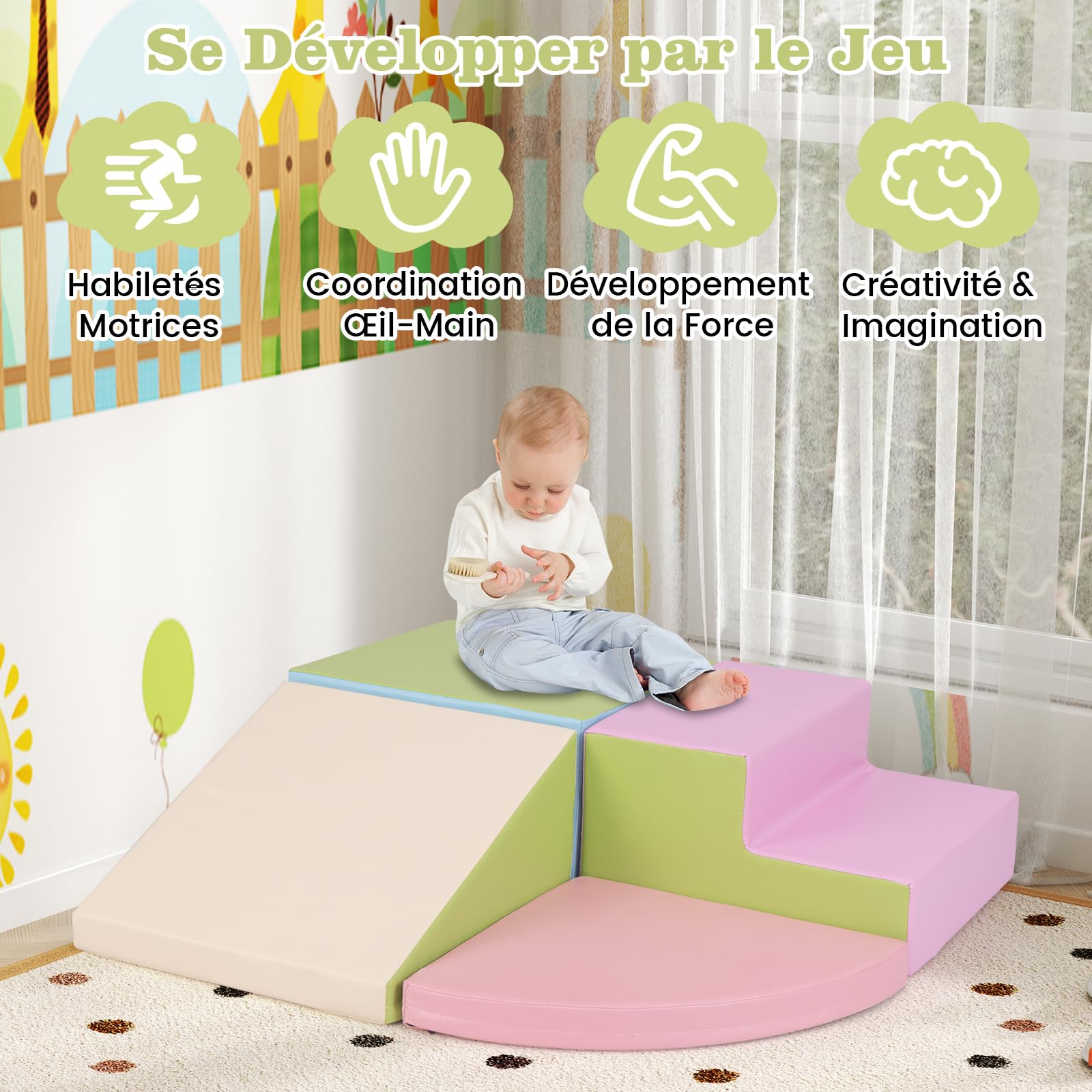 COSTWAY 4PCS Parcours Motricité Bébé en Mousse EPE avec Housse en PU, Module Motricité Bébé avec Toboggan & Différentes Formes, Jouets Éducatifs Colorée pour Ramper pour Enfants d'Âge Préscolaire