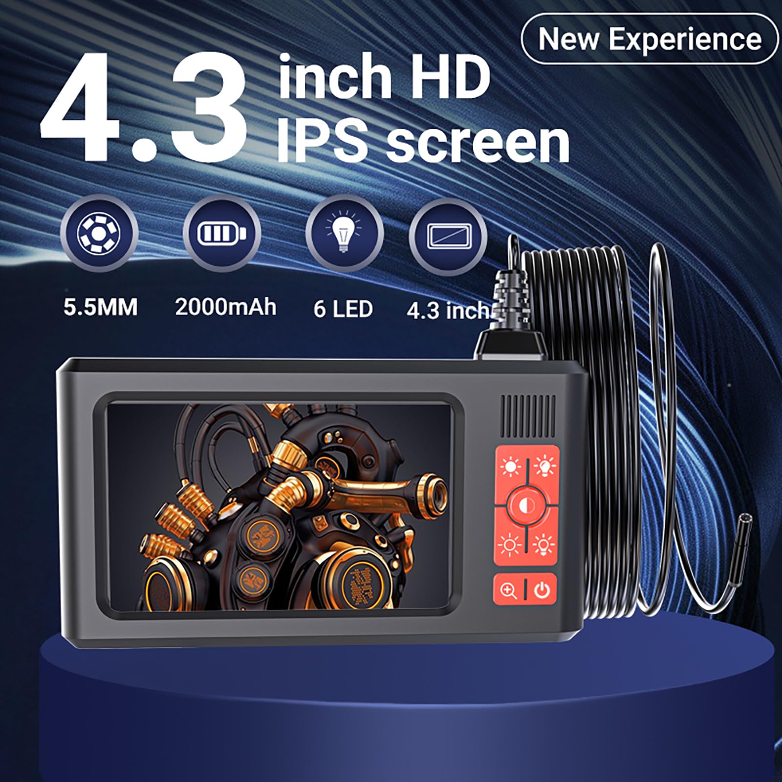 Industrielle Endoskop-Kamera mit 4,3-Zoll-HD-Bildschirm, 5,5 mm IP67 wasserdichtes Endoskop mit Leuchten, halbstarre Schlangenkamera für Automobile, Sanitärrohre, Kanalinspektion (5M (16.4FT))