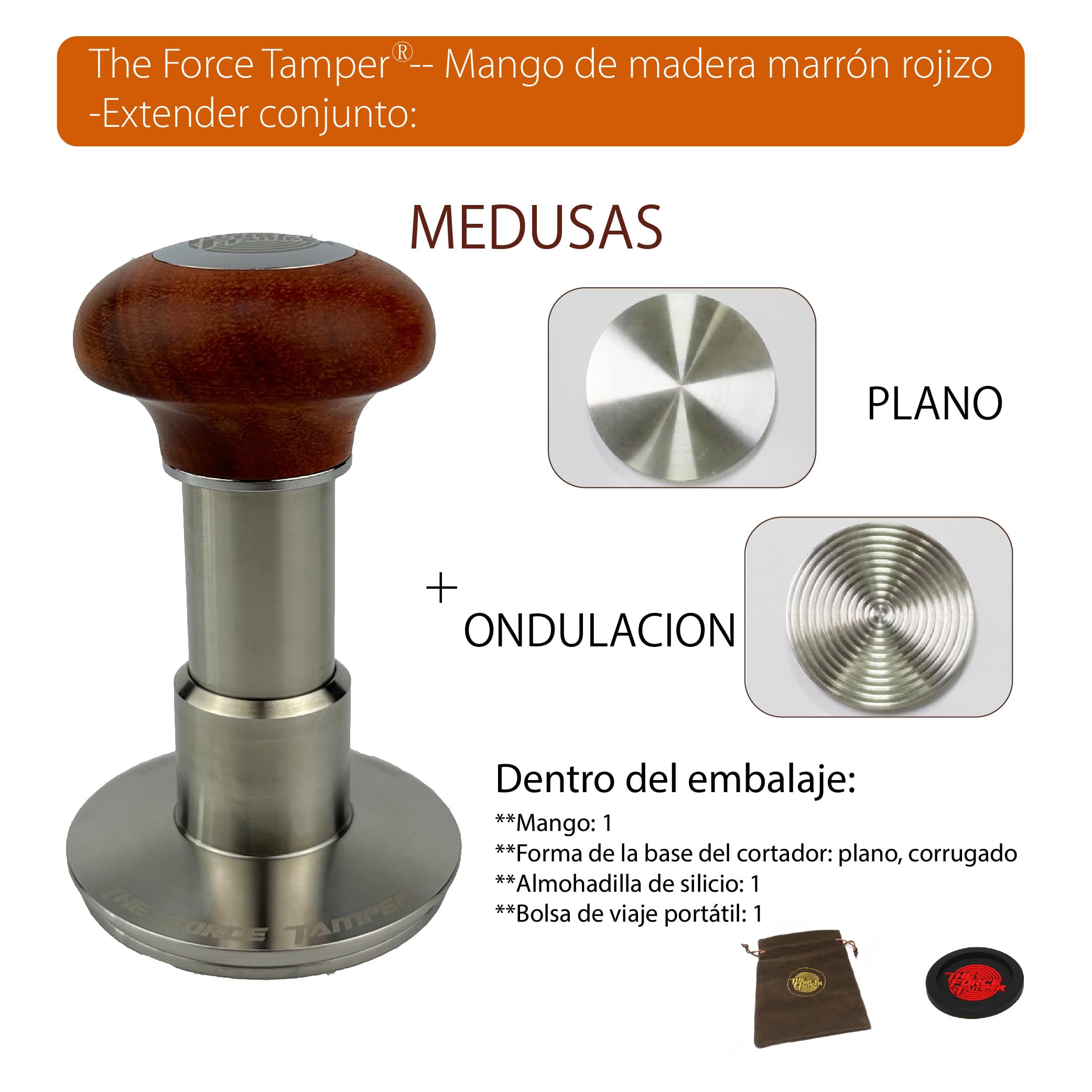 KuGuo The Force Tamper Impacto Auto Presión constante ajustable y nivelación automática Tamper de café Medusa marrón rojizo Mango de madera Set Pro (58.50mm, Extender conjunto)
