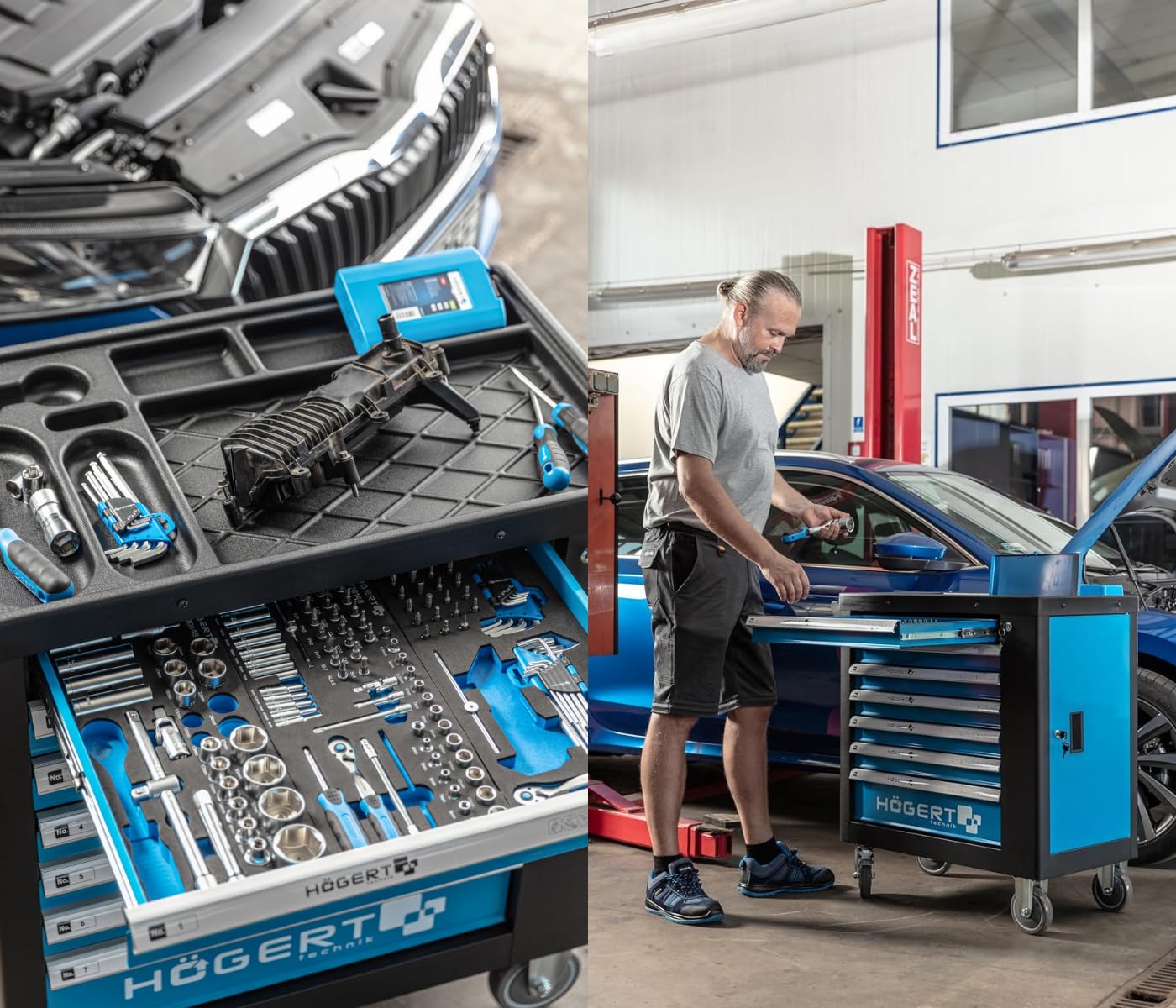 Högert Technik Szafka na narzędzia z 7 szufladami z narzędziami, 544 sztuki, zamykane szafki, gumowe koła kierownicy z hamulcem, wytrzymała i trwała, HT7G050, jeden rozmiar