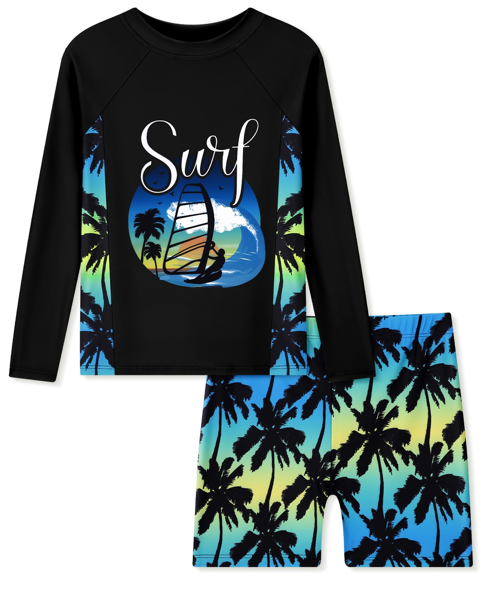ZOEREA Jungen Badeanzug 2-Teilig Schwimmshirt Langarm UV Badeshirt Kinder Boardshorts Badeset Schnelltrocknende Badeanzug Set 4-12 Jahre