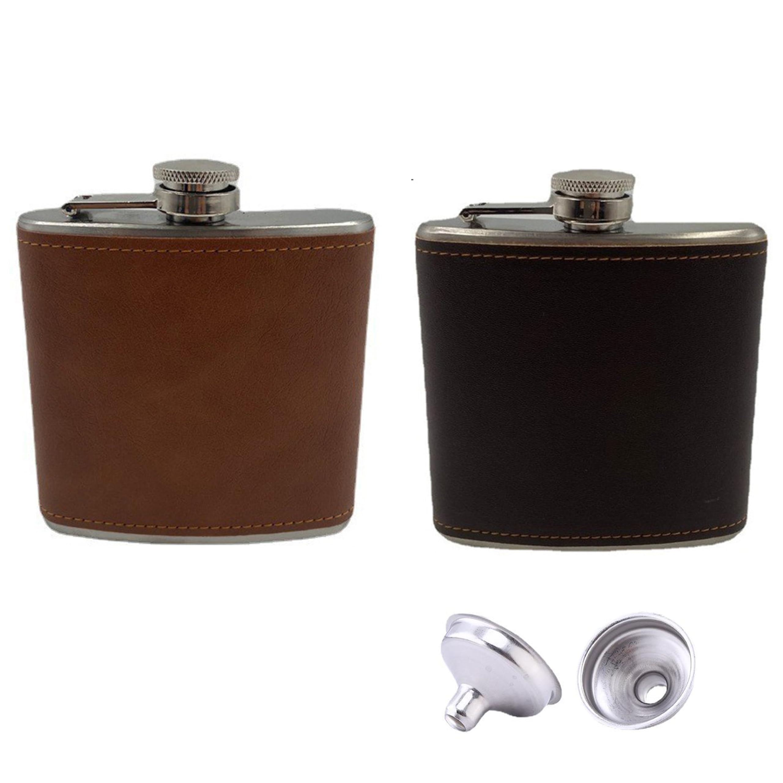 Guijinhao 2 pcs 6oz Hip Flask with 2 Funnels, Stainless Steel Portable Pocket Whiskey Flask with Leather Wrapped Cover, Flasks for Liquor Outdoor Men Women Travel Gift (C6-2)