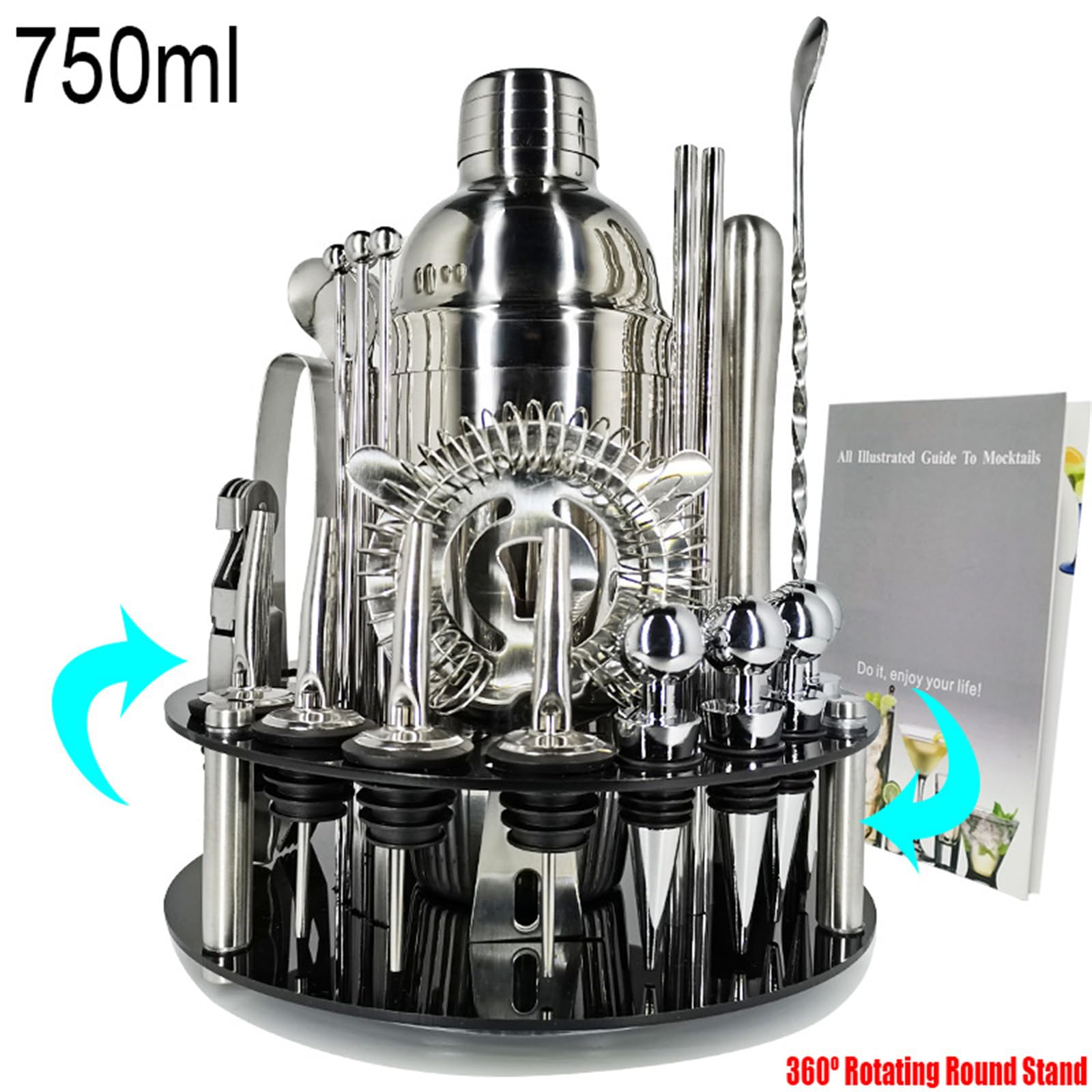 Zenithia 30 Pezzi Set Cocktail Shaker con Supporto Girevole 360°,Kit Barman Professionale da 750ml Mescolare Bevande,Regali per Uomini,Donne,Amanti dei Cocktail,Set da Barista per Feste da Bar a Casa